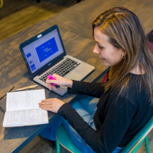 Jonge hond Merel werkt op haar laptop